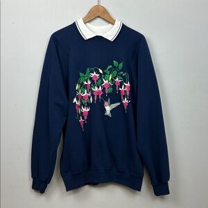 Vintage Morning Star Hummingbird Print Collared Crewneck Sweatshirt Sz XL